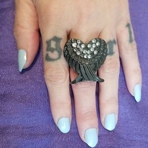 *3 FOR $15* Rhinestone Feather Wings Gunmetal Ring